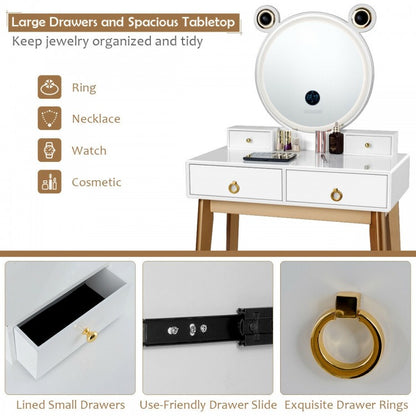 3-Color LED Vanity Set with Touch Screen Dimming Mirror, Wireless Speakers & 4 Storage Drawers
