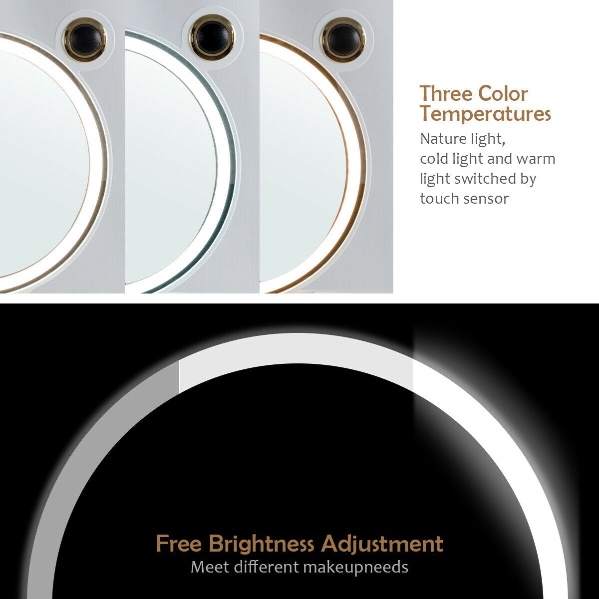 3-Color LED Vanity Set with Touch Screen Dimming Mirror, Wireless Speakers & 4 Storage Drawers