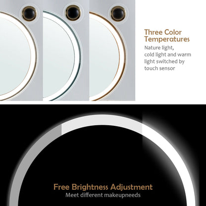 3-Color LED Vanity Set with Touch Screen Dimming Mirror, Wireless Speakers & 4 Storage Drawers