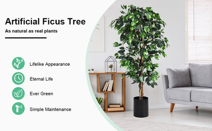 6 Feet Lifelike Artificial Ficus Tree with Silk Leaves for Home and Office Decor