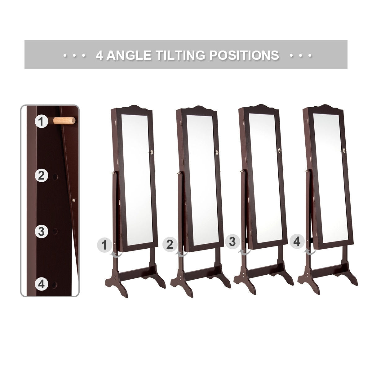 Freestanding Jewelry Armoire with Mirror, Drawers, and LED Lights