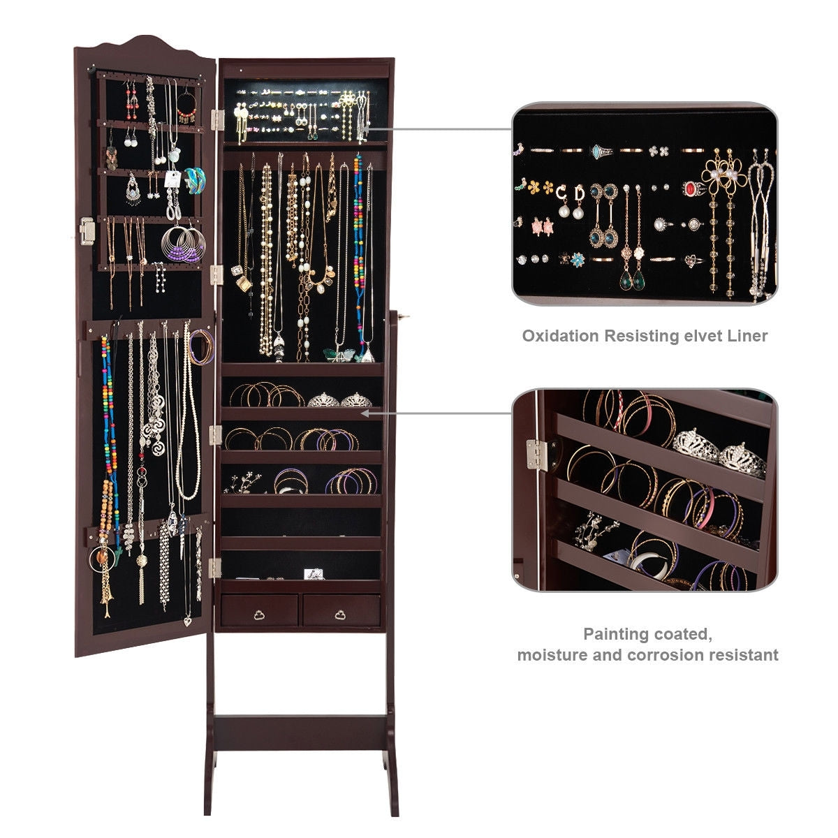 Freestanding Jewelry Armoire with Mirror, Drawers, and LED Lights