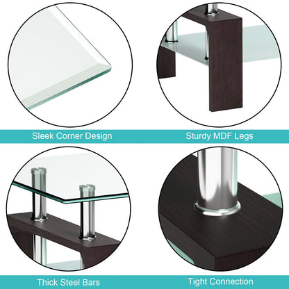 Modern Glass Coffee Table with Lower Shelf and Rectangular Design - Brown