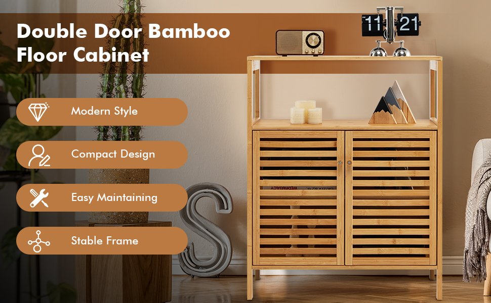 Natural Bamboo Freestanding Storage Cabinet with Slatted Doors for Bathroom