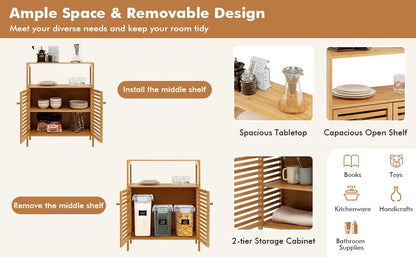 Natural Bamboo Freestanding Storage Cabinet with Slatted Doors for Bathroom