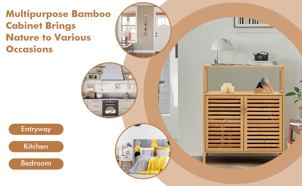 Natural Bamboo Freestanding Storage Cabinet with Slatted Doors for Bathroom