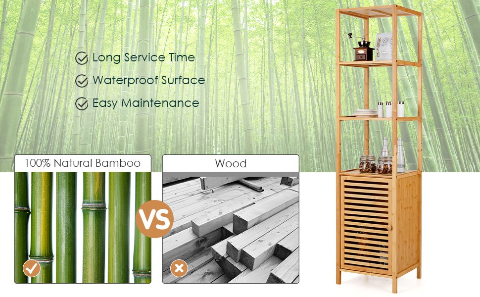 4 Tier Bamboo Floor Cabinet with Shutter Doors and Anti-Tip Feature