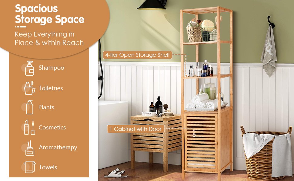 4 Tier Bamboo Floor Cabinet with Shutter Doors and Anti-Tip Feature