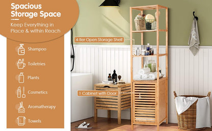 4 Tier Bamboo Floor Cabinet with Shutter Doors and Anti-Tip Feature