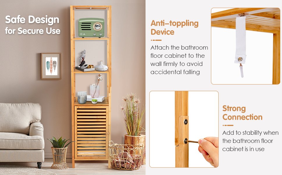 4 Tier Bamboo Floor Cabinet with Shutter Doors and Anti-Tip Feature