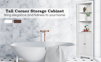 Tall Bathroom Corner Storage Cabinet with 3 Shelves and Double Doors