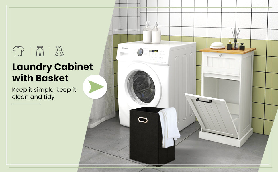 Multi Function Bamboo Laundry Cabinet with Tilt-Out Hamper and Storage Drawer