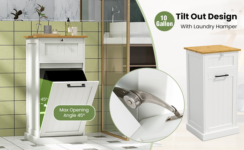 Multi Function Bamboo Laundry Cabinet with Tilt-Out Hamper and Storage Drawer