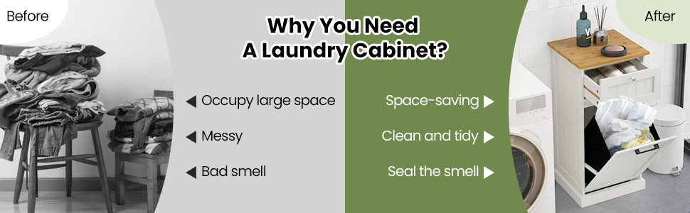 Multi Function Bamboo Laundry Cabinet with Tilt-Out Hamper and Storage Drawer