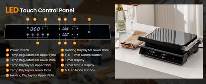 3 in 1 Electric Grill & Panini Press with LED Touch Display