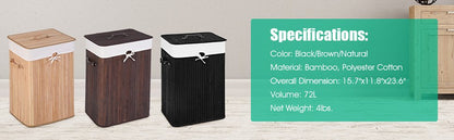 Rectangular Bamboo Laundry Basket with Lid and PU Leather Handles