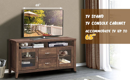 Retro Wooden TV Stand for TVs up to 65 Inches with Drawers, Cabinets, and Tempered Glass Doors
