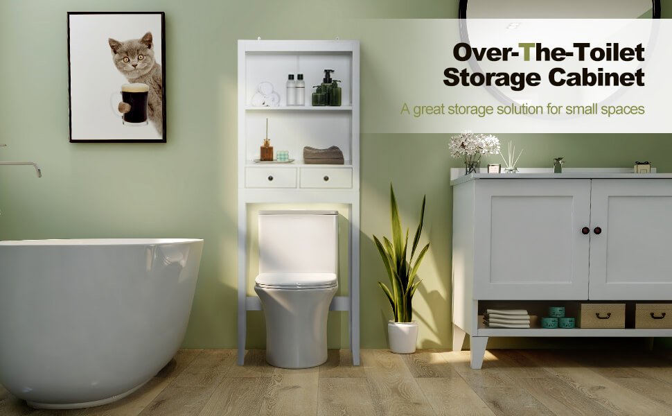 Over-the-Toilet Storage Cabinet with Drawers, Shelves, and Adjustable Bottom Bar