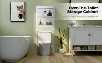 Over-the-Toilet Storage Cabinet with Drawers, Shelves, and Adjustable Bottom Bar
