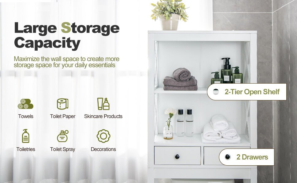Over-the-Toilet Storage Cabinet with Drawers, Shelves, and Adjustable Bottom Bar