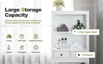 Over-the-Toilet Storage Cabinet with Drawers, Shelves, and Adjustable Bottom Bar