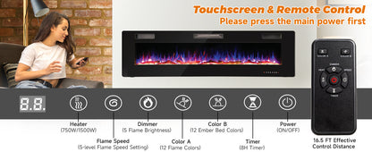 68 Inch Ultra Slim Electric Fireplace with Crystal Log - Wall-Mounted or Recessed