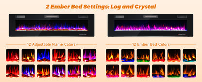 68 Inch Ultra Slim Electric Fireplace with Crystal Log - Wall-Mounted or Recessed
