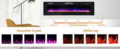 68 Inch Ultra Slim Electric Fireplace with Crystal Log - Wall-Mounted or Recessed