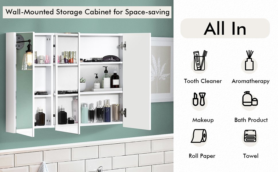 3 Door Wall-Mounted Medicine Cabinet with Adjustable Shelves