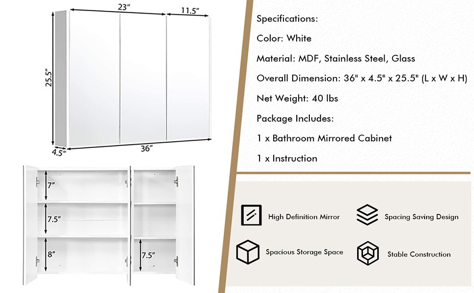 3 Door Wall-Mounted Medicine Cabinet with Adjustable Shelves