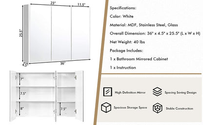 3 Door Wall-Mounted Medicine Cabinet with Adjustable Shelves