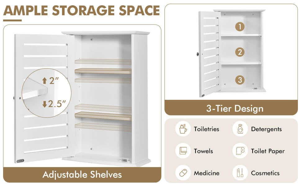 Wall-Mounted Medicine Cabinet with Adjustable Shelves and Louver Door