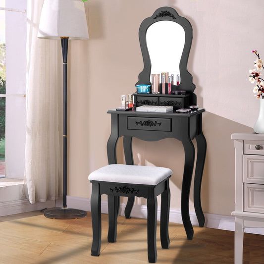 Elegant Vanity Table with Mirror, 3 Storage Drawers, and Matching Stool – Black
