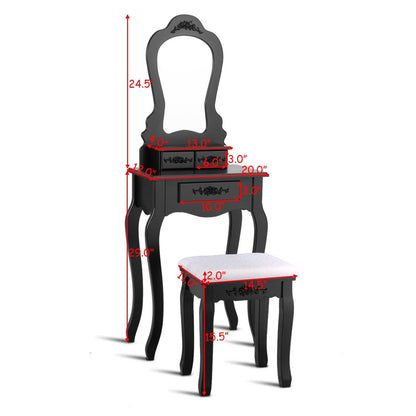 Elegant Vanity Table with Mirror, 3 Storage Drawers, and Matching Stool – Black