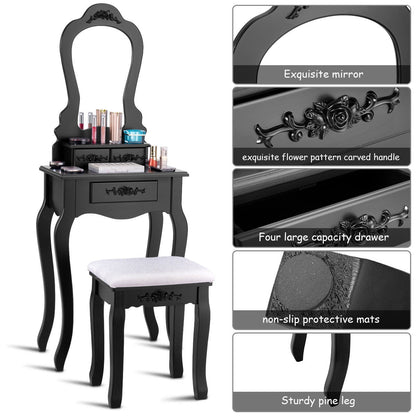 Elegant Vanity Table with Mirror, 3 Storage Drawers, and Matching Stool – Black