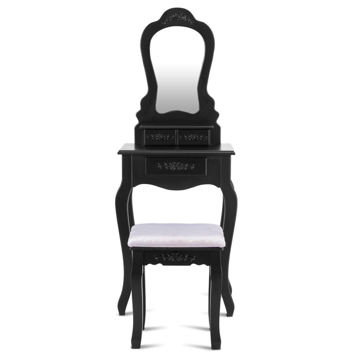 Elegant Vanity Table with Mirror, 3 Storage Drawers, and Matching Stool – Black