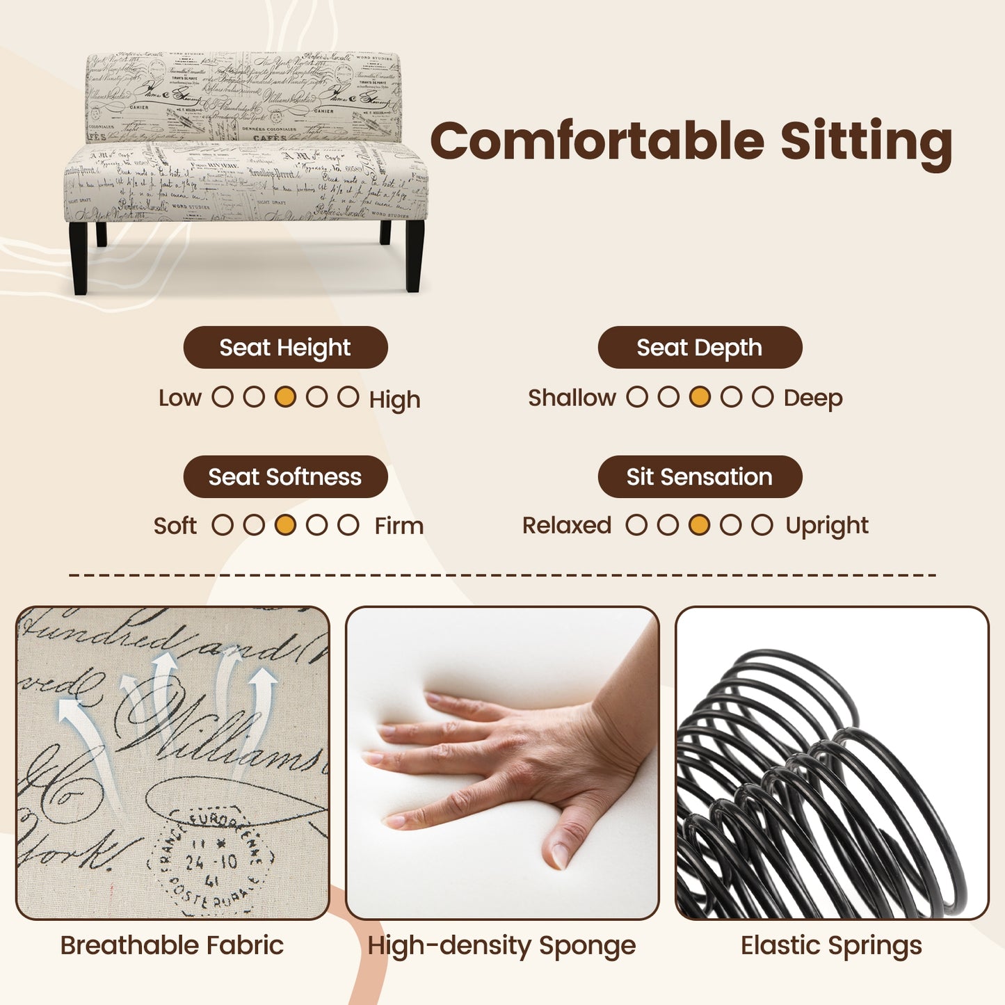 Modern Upholstered Loveseat Sofa with Solid Wood Legs and Armless Design