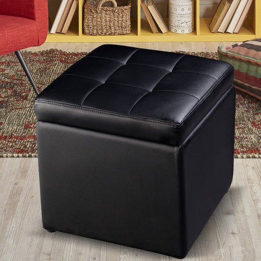 Compact Storage Pouffe Ottoman with Hinged Cover – Black