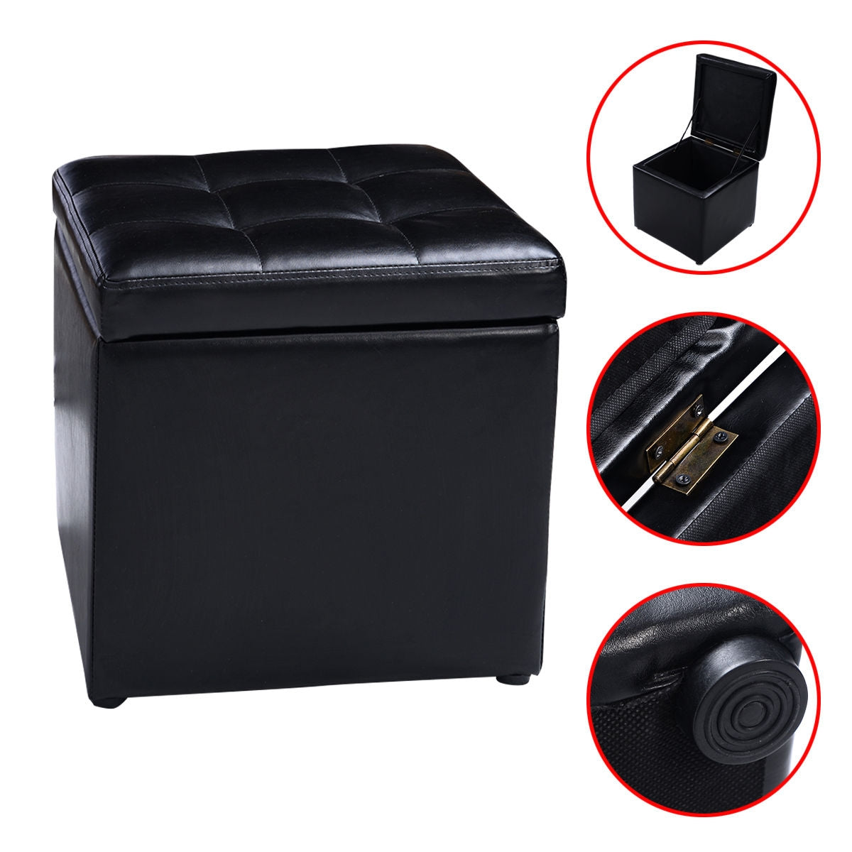Compact Storage Pouffe Ottoman with Hinged Cover – Black