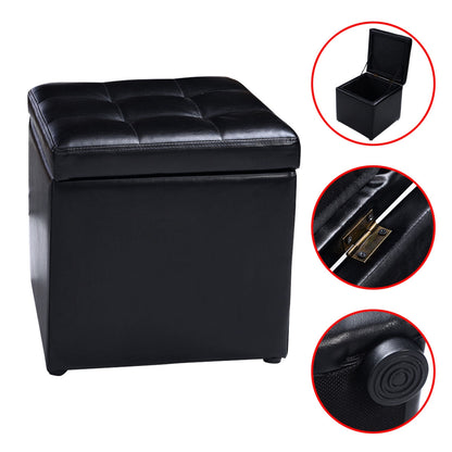 Compact Storage Pouffe Ottoman with Hinged Cover – Black