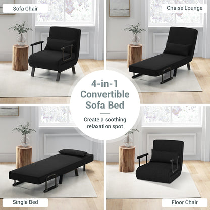 6 Position Folding Sleeper Armchair with Pillow and Sturdy Metal Frame in Black