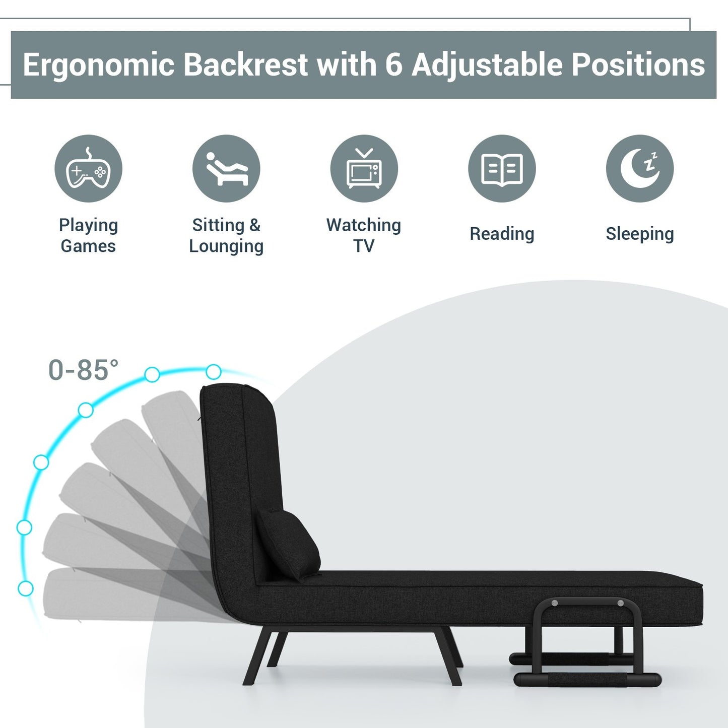 6 Position Folding Sleeper Armchair with Pillow and Sturdy Metal Frame in Black