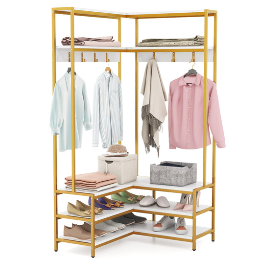 Corner Coat Rack with Open Shelves, 7 Hooks & Shoe Bench - White Storage Organizer