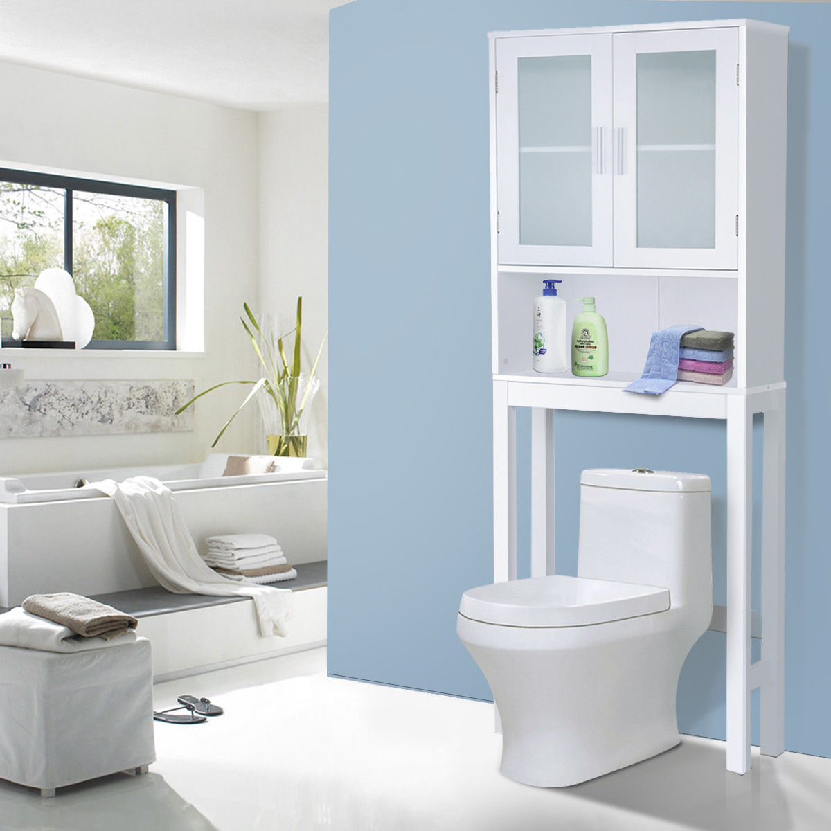 Over-the-Toilet Wooden Storage Cabinet with Tower Rack