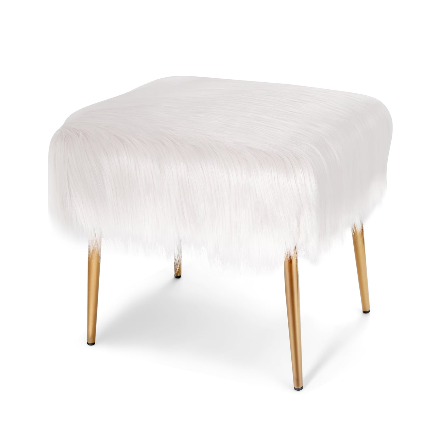Plush Faux Fur Vanity Stool with Sleek Gold Metal Base in White