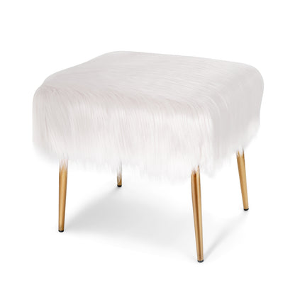 Plush Faux Fur Vanity Stool with Sleek Gold Metal Base in White