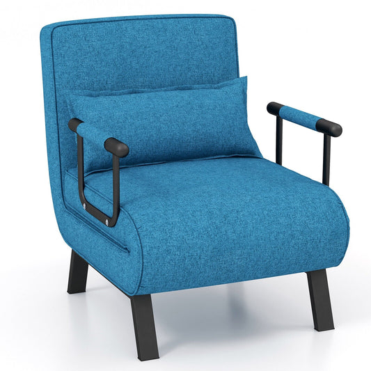 6 Position Folding Sleeper Armchair with Pillow and Sturdy Metal Frame in Blue