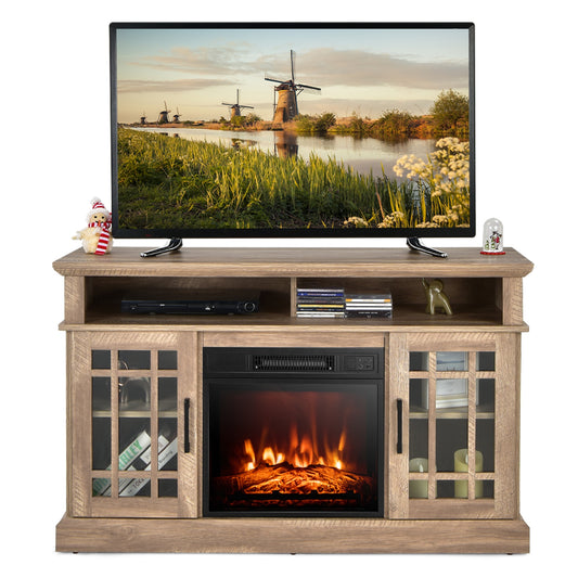 Modern 48 Inch TV Stand with Electric Fireplace and Adjustable Cabinets for TVs Up to 55 Inches - Natural