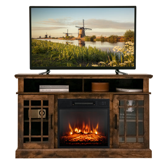 Modern 48 Inch TV Stand with Electric Fireplace and Adjustable Cabinets for TVs Up to 55 Inches - Brown