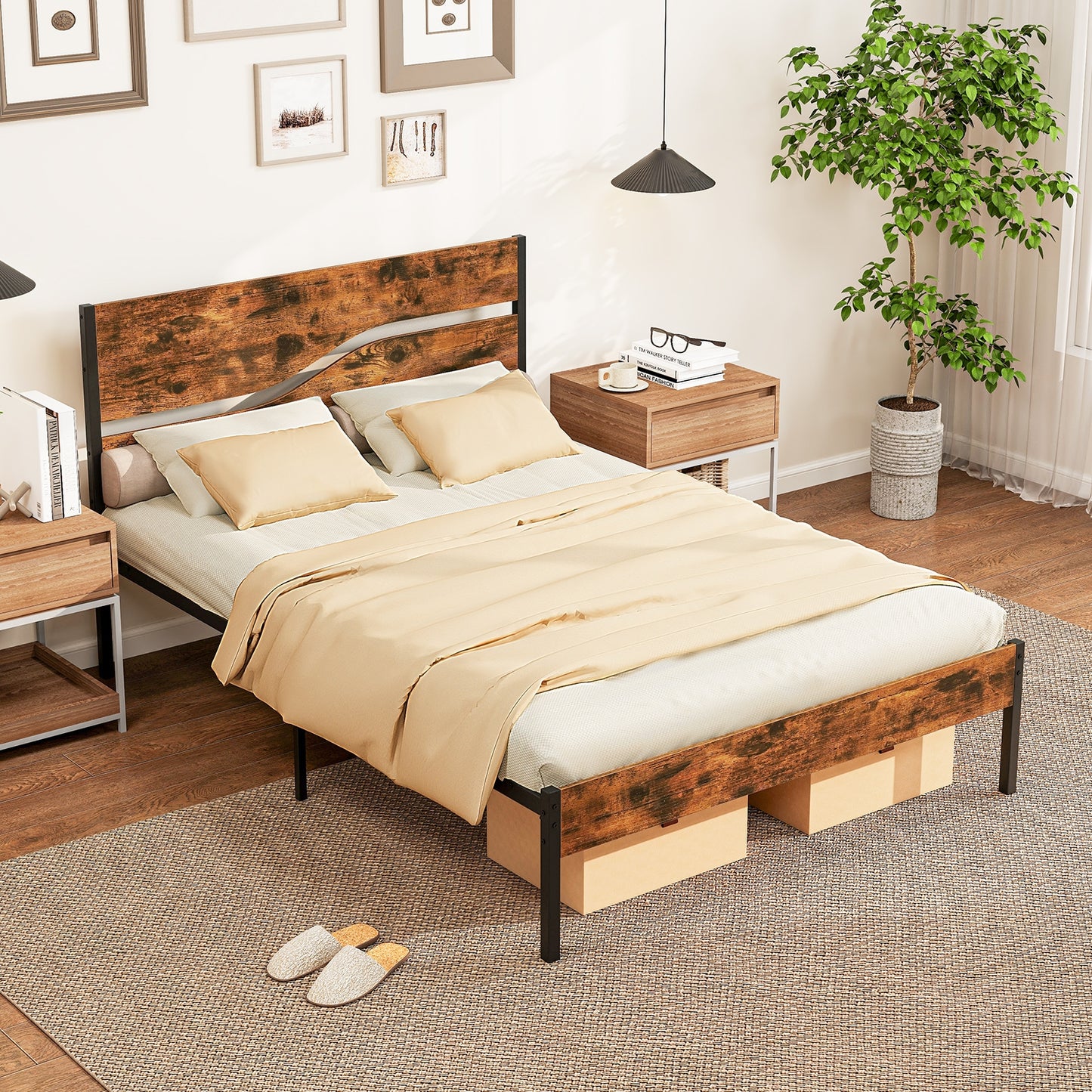 Modern Industrial Bed Frame with Sturdy Metal Slats and Wood Accents, Full Size